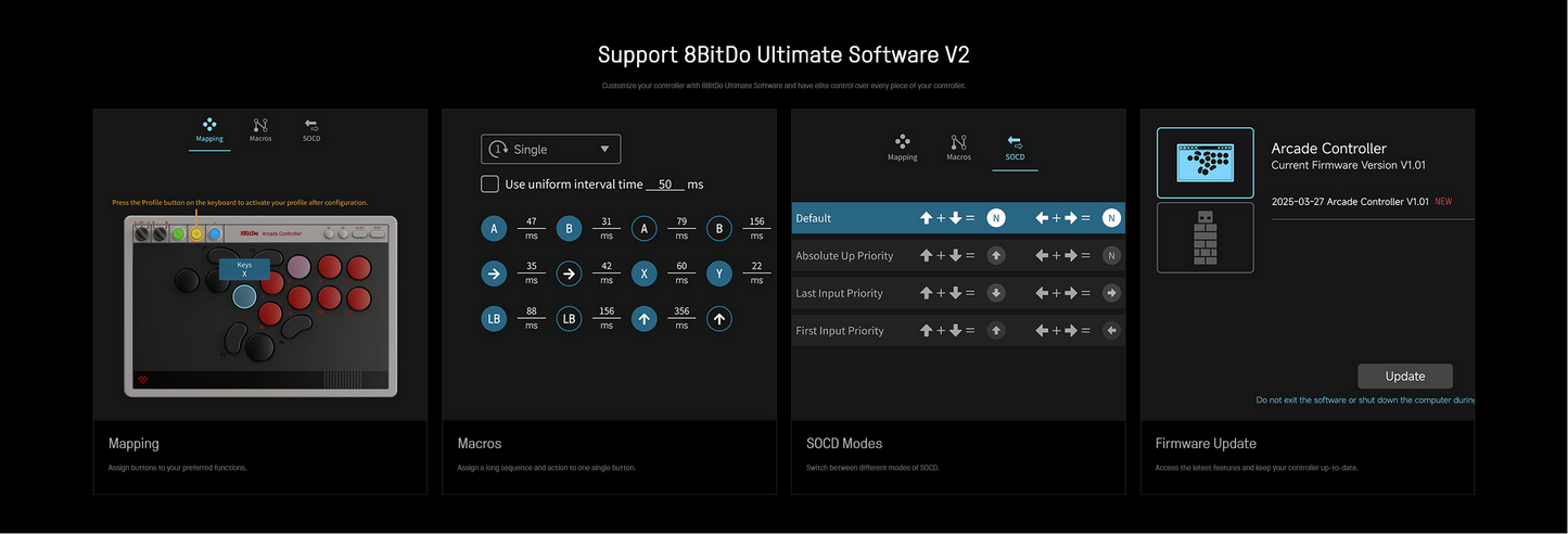 8BitDo All-Button Arcade Controller for Switch/Switch 2 & Windows – Bluetooth, 2.4G, Wired Connectivity, Low-profile